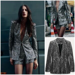 ZARA ~ SEQUIN COLLARLESS BLAZER BLACK SILVER
